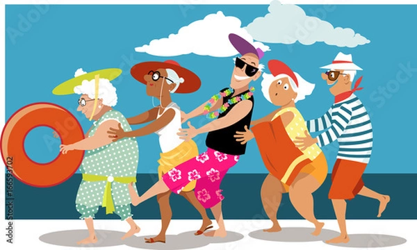 Obraz Group of active seniors dancing a conga line dance on the beach, EPS 8 vector illustration