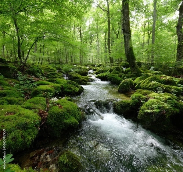Fototapeta Lush forest stream cascading over mossy rocks