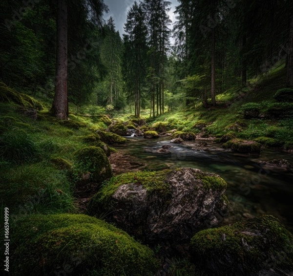 Obraz Forest stream, mossy rocks, lush greenery