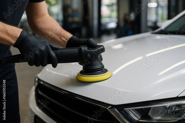 Fototapeta Close-up view of a skilled worker meticulously polishing a white car's hood using a rotary polisher.  Expertly applied detailing work creates a gleaming finish.