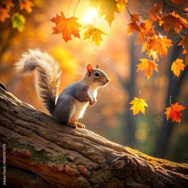Obraz squirrel on a tree log in fall background