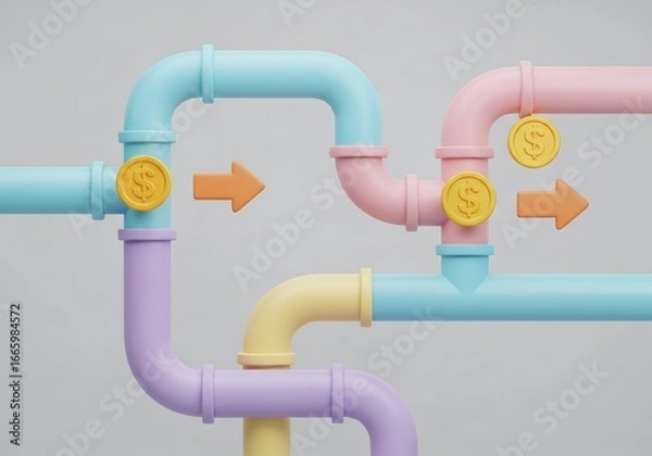 Fototapeta Colorful pipes with money flow and arrows