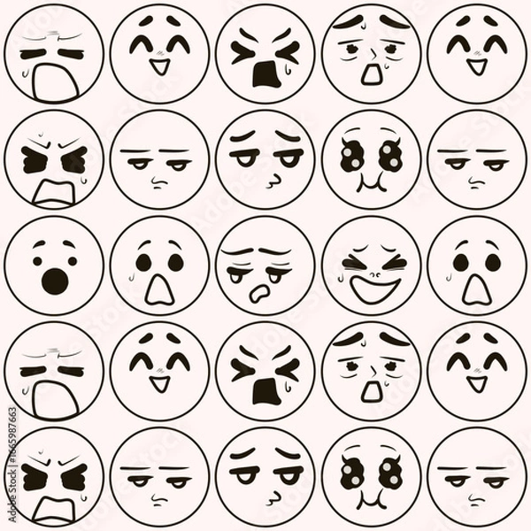 Fototapeta Cute doodle face seamless pattern. Different anime faces. Manga style isolated pattern.
