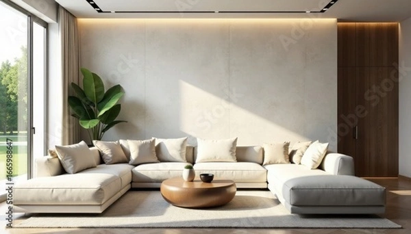 Fototapeta Bright, airy living room, subtle wall texture Modern lines, open plan , background, texture background