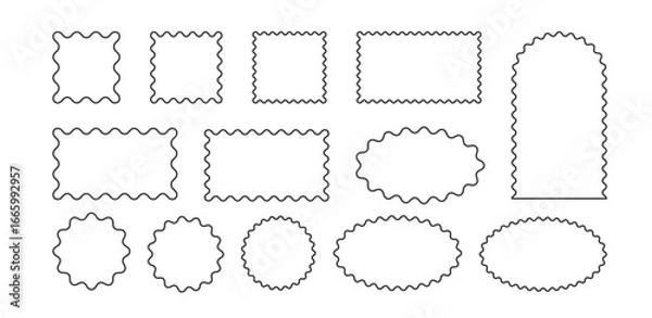 Fototapeta Wavy scallop edge frame set. Wave square, rectangle, circle geometric shape. Scalloped wiggle border. Squiggly cloud arch stickers. Empty text boxes. Vector illustration isolated on white background.