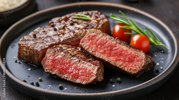 Obraz Beef steak cut on slices on a plate