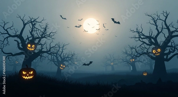Fototapeta A spooky halloween night scene with glowing jackolanterns in a foggy forest under a full moon with bats flying around, creating a scary and mysterious atmosphere