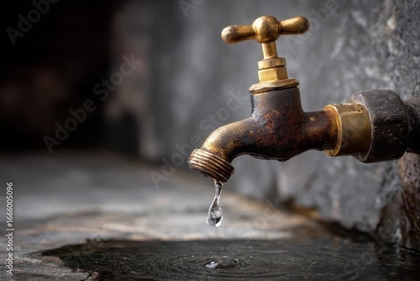 Obraz Dripping tap reveals realistic water leakage in old fixture in a dimly lit setting highlighting the texture and aged appearance of the metal components