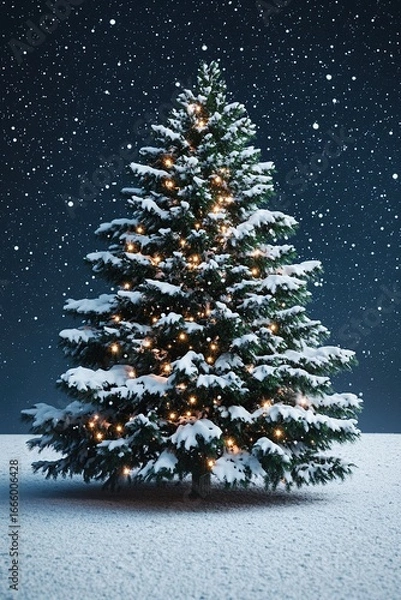 Fototapeta A Magical Winter Night: Snow-Covered Christmas Tree Underneath Starlit Sky