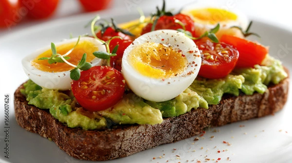 Fototapeta Slice of toasted bread topped with mashed avocado, cherry tomatoes, soft boiled eggs, and microgreens, creating colorful