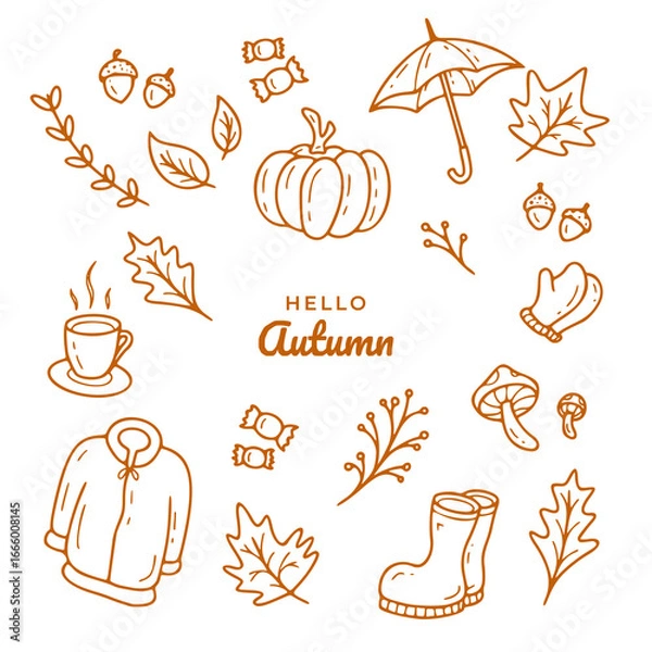Fototapeta Hello Autumn doodle vector illustration set. Hand drawn fall elements like pumpkin, leaves, and cozy clothes. Perfect for seasonal designs.
