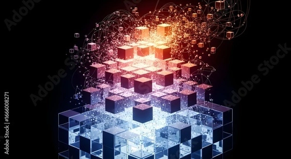Fototapeta Abstract digital illustration of interconnected cubes in vibrant colors, suggesting complex data structures or network connections.