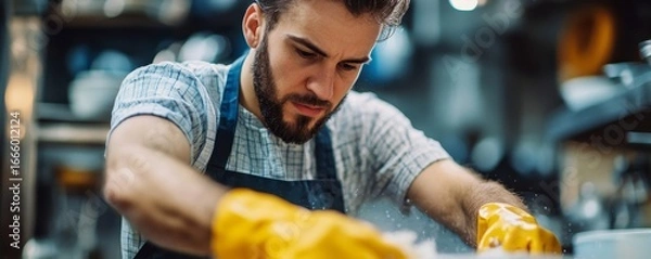 Fototapeta Illustrate a man in his 30s, wearing an apron and rubber gloves, washing dishes in a close-up shot, with a focus on the act of cleaning, Generative AI