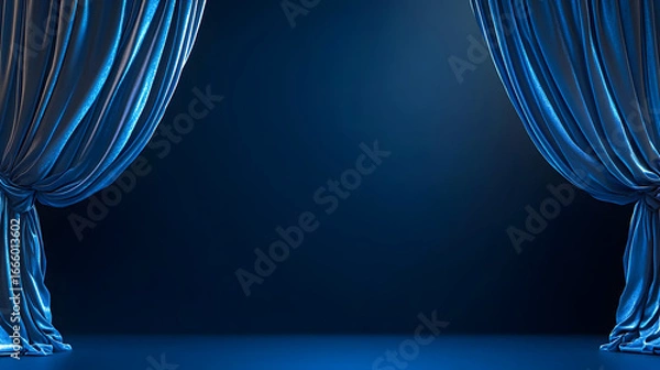 Fototapeta Blue stage curtain backdrop with copy space on a dark blue background. Illustration of a performance stage mockup background.