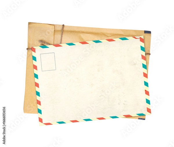 Fototapeta Top view of vintage paper envelope and retro postcard with striped edges. Nostalgic scrapbooking template is perfect way to express creativity and evoke a sense of warm memories. Isolated on white