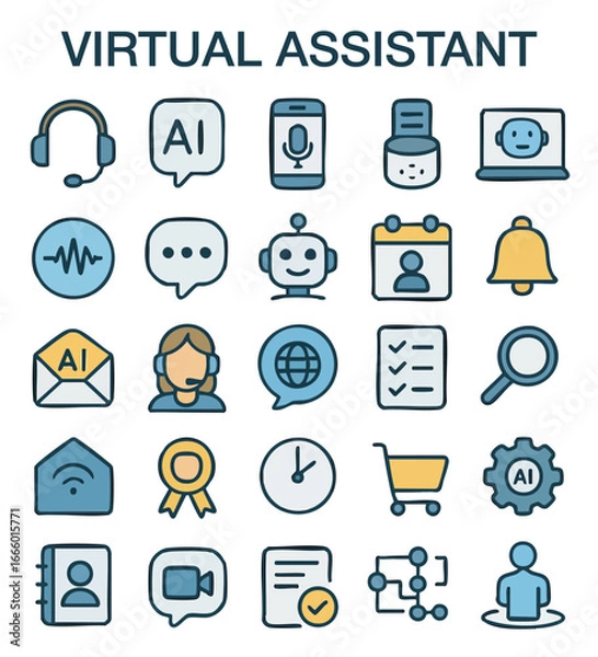 Fototapeta Virtual Assistant & AI Support Icon Set – Flat Design for Chatbot, Automation & Customer Service