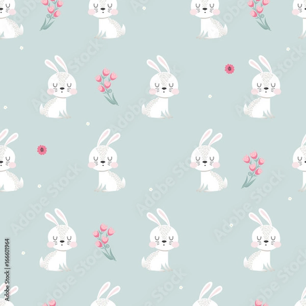 Fototapeta Seamless pattern with white rabbits