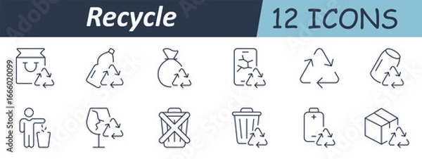 Fototapeta Recycle set icon. Trash bin, reused material, broken glass, plastic bottle, paper pack, recycling triangle, separate collection, green disposal, container mark, and waste category label