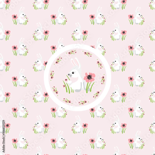 Fototapeta Seamless pattern and sticker with rabbit