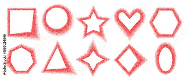 Fototapeta Chili pepper geometric shapes stencil frames set. Grainy textured sweet paprika borders in circle, rhombus, star forms. Masala red powder text boxes on white background. Vector graffiti illustration.