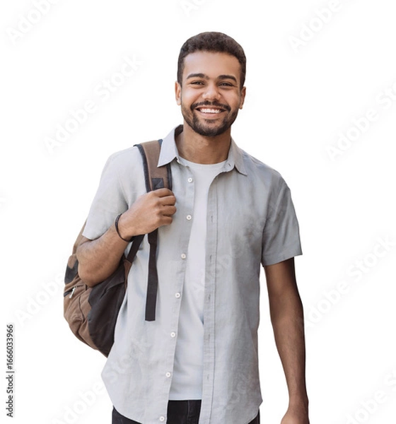 Fototapeta Portrait of handsome smiling student man with backpack isolated transparent PNG, Joyful cheerful casual businessman studio shot