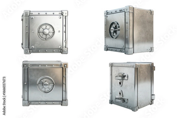 Fototapeta Vintage metal safe with combination lock isolated on transparent background. Metallic safes with rotary wheel locks shown in four different angles displayed on a plain isolated on white background.