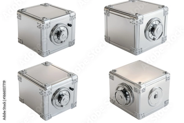 Fototapeta Vintage metal safe with combination lock isolated on transparent background. Metallic safes with rotary wheel locks shown in four different angles displayed on a plain isolated on white background.