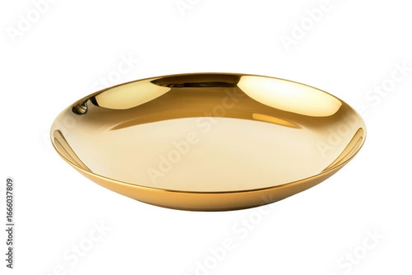 Fototapeta Shiny golden shallow dish isolated on transparent background. Minimalist golden plate with smooth finish featuring a sleek and reflective surface isolated on white background.