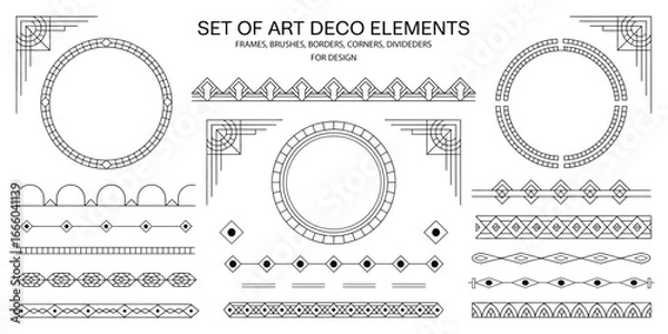 Fototapeta Set of Art Deco Style Geometric Design Elements Including Round and Rectangular Frames, Corners, Dividers, and Pattern Brushes with Corner Accents in Black on White
