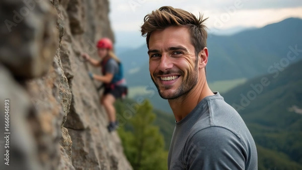 Fototapeta attractive young man climber smiling and make selfie on mountain. extremal guy talking by video call on stone wall. extrem jorney. active sport life. traveler gesturing hand at camera, video blog 4K