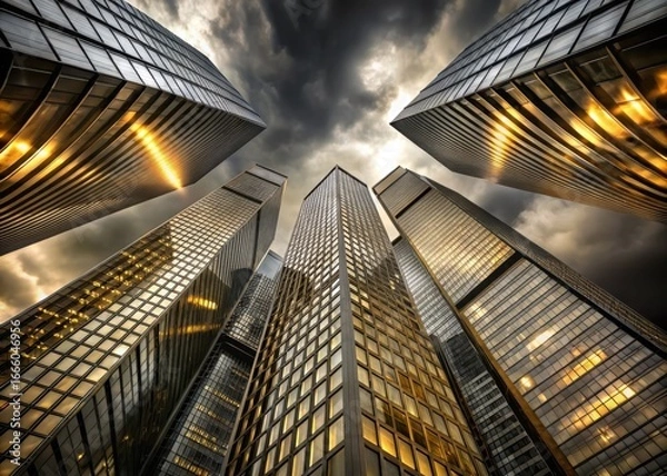 Fototapeta Architectural Photograph of Towering Golden Buildings from Below

