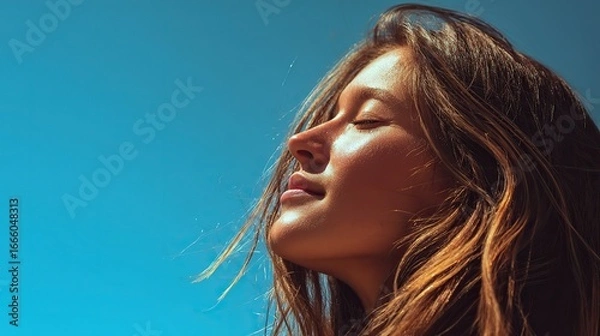 Fototapeta A woman with closed eyes and long hair stood under the blue sky, dressed in an outfit that accentuated the curves of her athletic figure, with strong features and red lipstick.