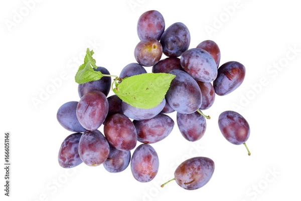 Fototapeta pile of plums with leaves top view isolated on white or transparent png