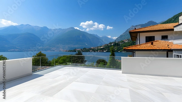Fototapeta A terrace with marble tiles and a view of the Italian mountains and Lake Como in the background. A panoramic illustration of a beautiful landscape.
