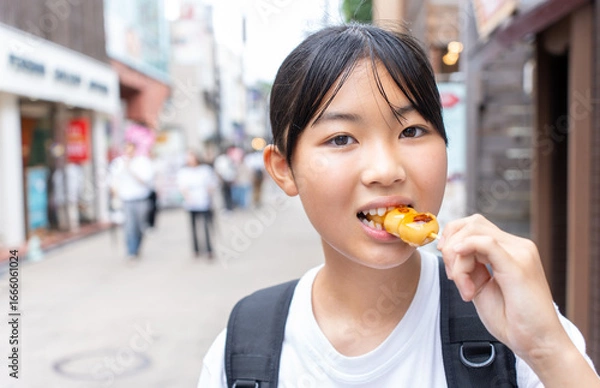 Fototapeta 鎌倉観光をしながら食べ歩きをする10代の女性