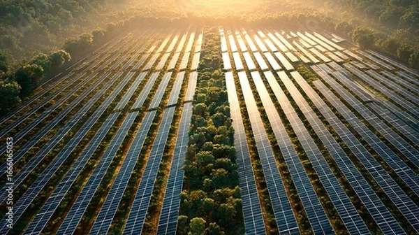 Obraz Aerial View Solar Farm, Renewable Energy, Clean Power, Sunrise stock image
