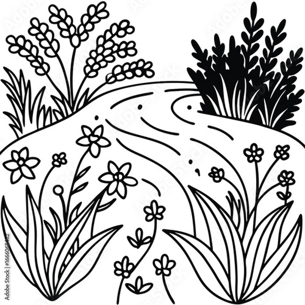 Obraz Flowing river meandering through lush floral bank of river coloring page vector art design