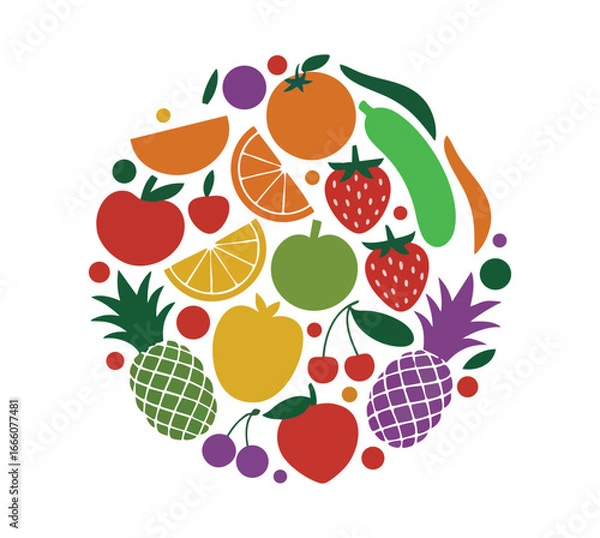 Fototapeta Graphic Design Illustration Featuring Dense Silhouette Pattern Of Fruits And Vegetables Central Cluster With Vibrant Oranges Plums Grapes And Greens