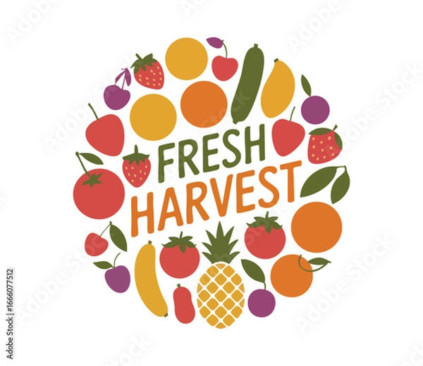Fototapeta Flat Lay Photograph Illustration Featuring Vibrant Silhouette Pattern Of Fruits And Vegetables Central Cluster With Oranges Strawberries Apples Grapes