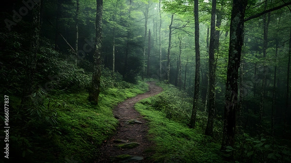 Fototapeta A trail in the Great Smoky Mountains with ancient trees. A forest landscape background illustration.