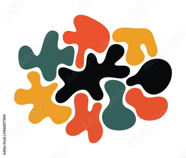 Fototapeta Abstract Clustered Silhouette Artwork Featuring Weird Freeform Experimental Shapes Grouped In Center With Clean White Frame Border Margin