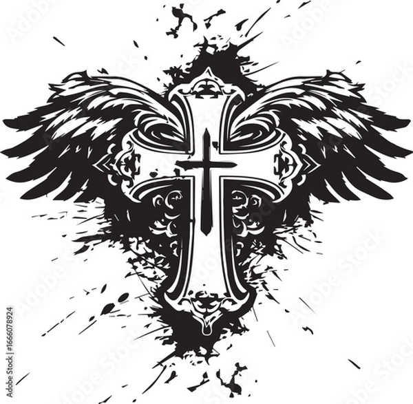 Fototapeta Winged Cross Symbol: An artistic rendition of a cross adorned with wings, symbolizing faith and protection, set against a backdrop of ink splashes.