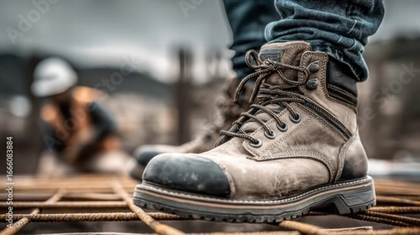 Fototapeta A close-up shows a durable work boot on a construction site, highlighting safety and construction.