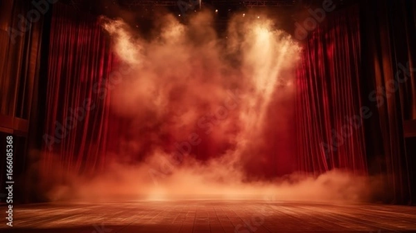 Fototapeta Stage prepared for a dramatic performance with fog effects and red curtains