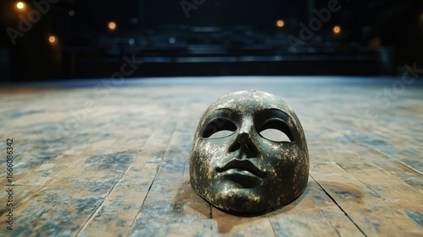 Fototapeta Decorative mask placed on wooden stage floor in an empty theater setting