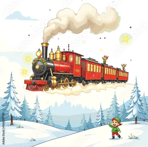 Obraz Christmas train with elves in a winter wonderland illustration