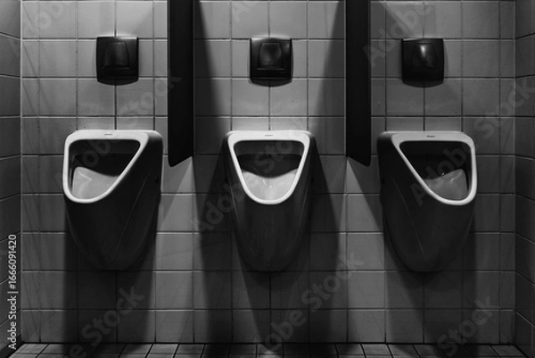 Fototapeta Symmetrical restroom installation: A row of urinals is positioned against a tiled wall. The monochrome palette lends an industrial feel, highlighting the geometric precision and symmetry.
