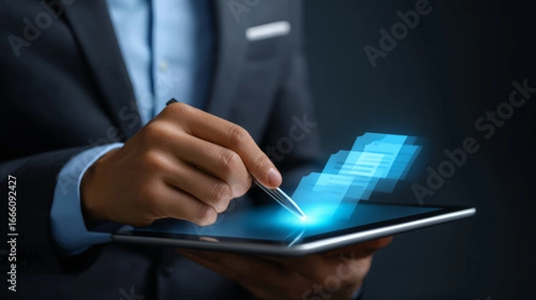 Fototapeta Ai automation financial accounting budget technology digital tablet business person hand stylus futuristic data transfer