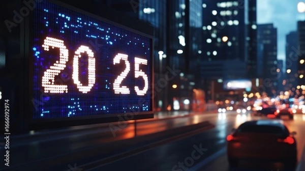Fototapeta 2025: A futuristic city nightscape, illuminated by vibrant LED displays and city lights. The year 2025 glows brightly against a backdrop of urban architecture.