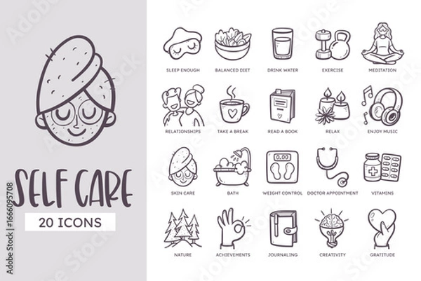 Fototapeta Self Care Icon Set. 20 cute hand-drawn line art style. Vector illustration.
